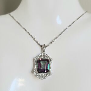 Emerald Cut Mystic Topaz Crystal Halo Boho Sterling Silver Pendant Necklace